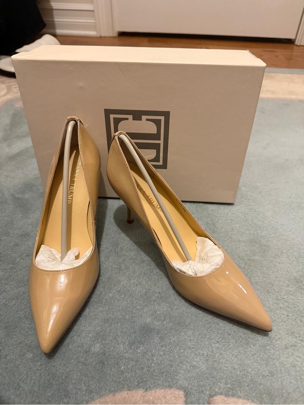 Ivanka Trump Patent Leather Pointed-Toe Pumps in Nude Beige